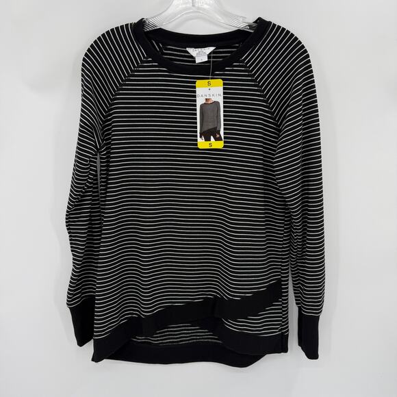 New DANSKIN Pullover Shirt Womens Size S Relaxed Stretch Faux Wrap Black White - Picture 1 of 6